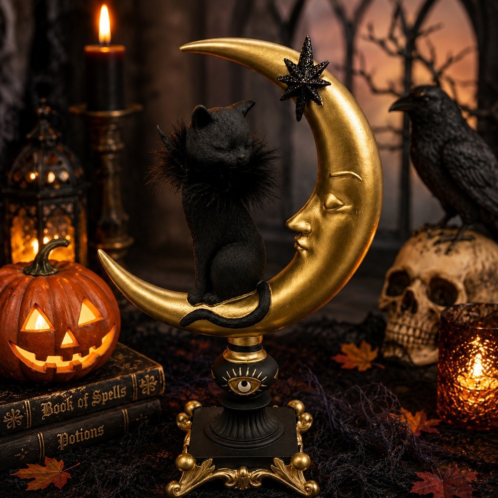 Black Cat on Crescent Moon Gothic Halloween Decor Gold Celestial Shelf Figurine